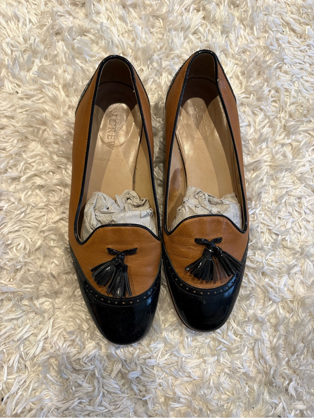 Women’s Two-Tone Tan and Black Tassel Slip-On Loafers